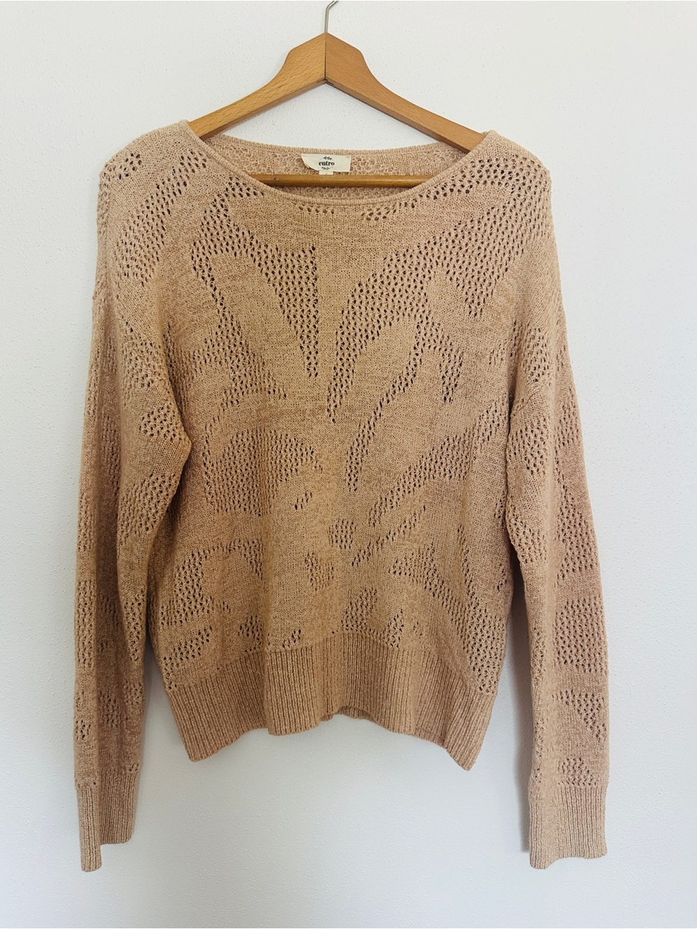 Entro Boho Leaf Pointelle Open Knit Sweater Beige Cream Small
